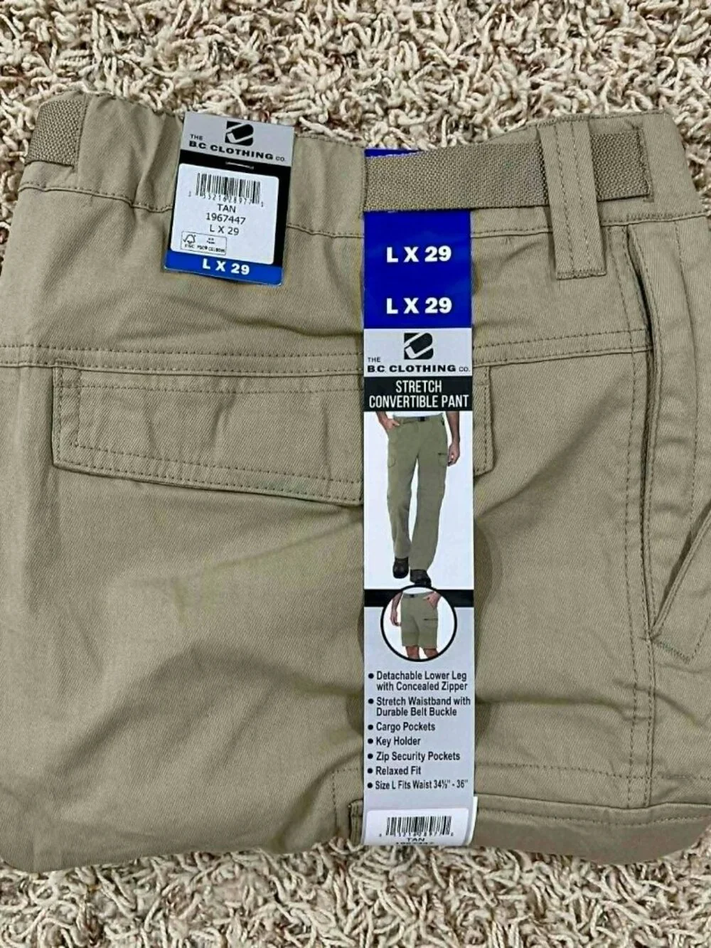 BC Clothing Men's Belted Convertible Pants Tan, Size L x 29 (New)